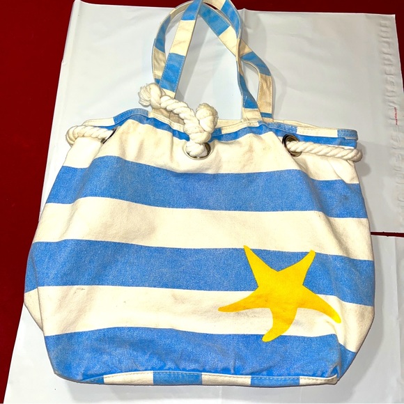 Barnes and Noble BLUE Stripe Canvas book BAG BEACH TOTE. yellow STAR, 19” X 13” - Picture 1 of 15